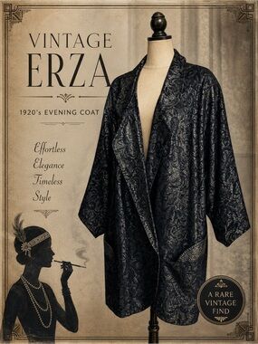 Vintage ERZA Style Evening Coat Jacket Black Floral Metallic Shimmer Puff Sleeve